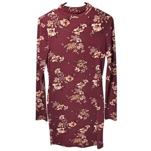 Forever 21 Womens Burgundy Floral Mock Neck Long Sleeve Bodycon Mini Dress M